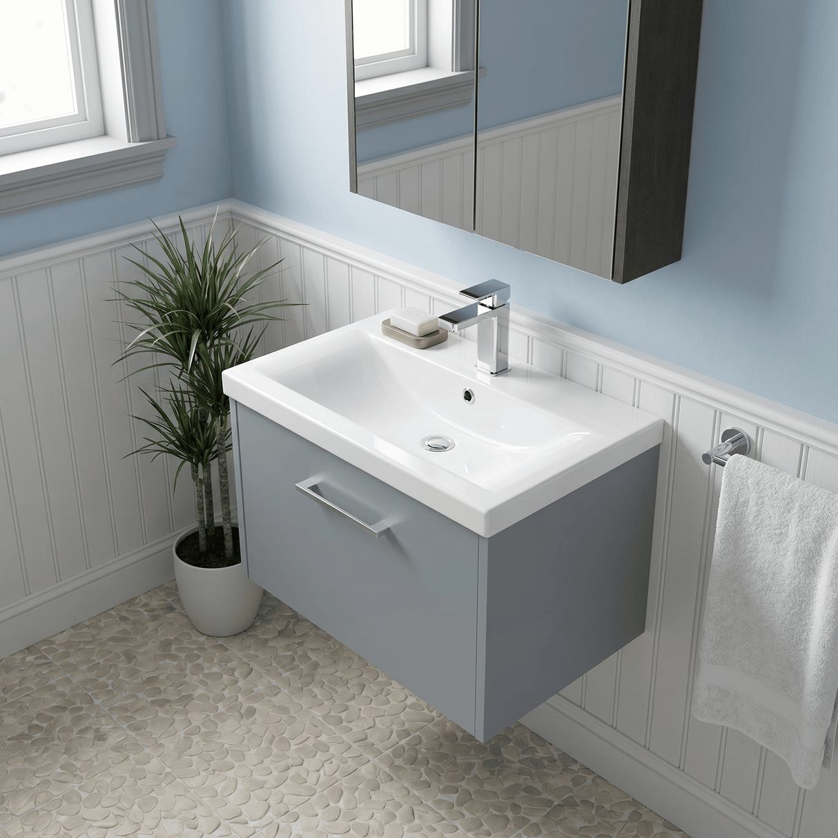[BFPF2322A] Winshill Contemporary 1 Drawer Wall Hung Vanity Unit with Mid-Edge Basin - Choice of Size and Colour