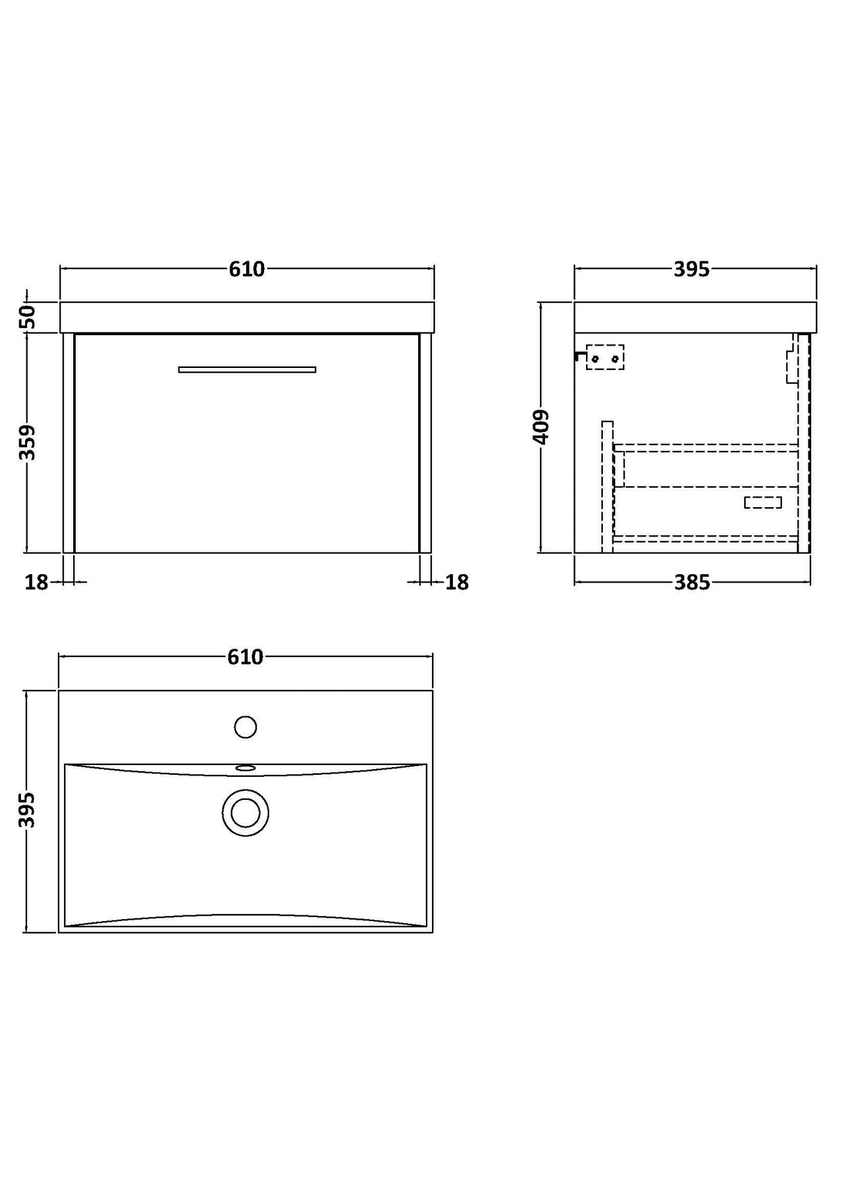 [BFPF2322D] Winshill Contemporary 1 Drawer Wall Hung Vanity Unit with Thin Edge Basin - Choice of Size and Colour - Technical Drawing