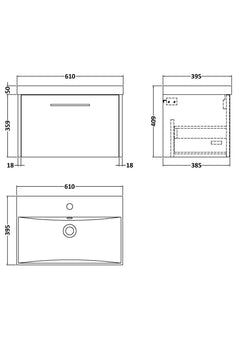 [BFPF2322D] Winshill Contemporary 1 Drawer Wall Hung Vanity Unit with Thin Edge Basin - Choice of Size and Colour - Technical Drawing