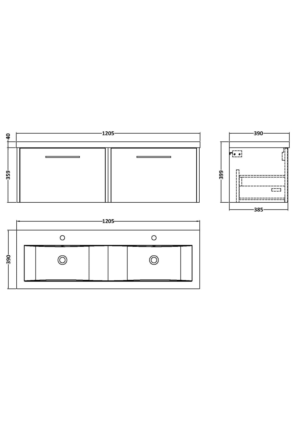 [BFPF2322F] Winshill Contemporary 2 Drawer Wall Hung Vanity Unit with Double Ceramic Basin, 1200mm, Choice of Colour - Technical Drawing