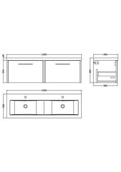[BFPF2322F] Winshill Contemporary 2 Drawer Wall Hung Vanity Unit with Double Ceramic Basin, 1200mm, Choice of Colour - Technical Drawing