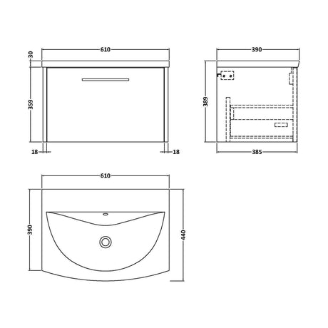 [BFPF2322G] Winshill Contemporary 1 Drawer Wall Hung Vanity Unit with Curved Basin, Grey, 600mm - Technical Drawing