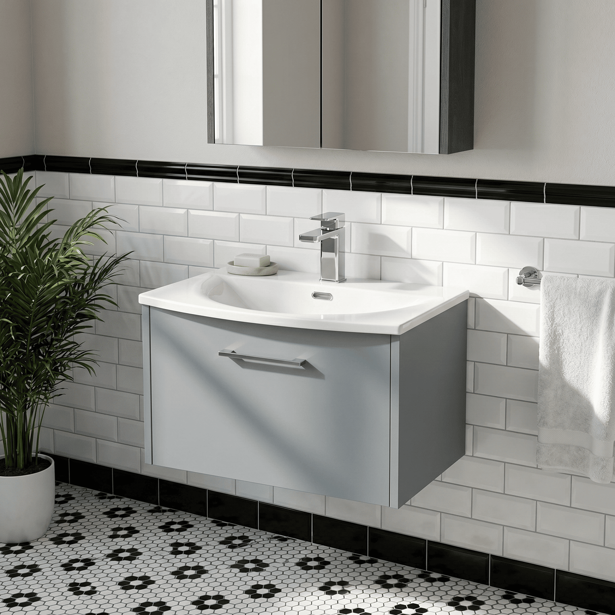 [BFPF2322G] Winshill Contemporary 1 Drawer Wall Hung Vanity Unit with Curved Basin, Choice of Size and Colour