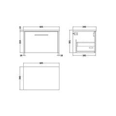 [BFPF2322LBG] Winshill Contemporary 1 Drawer Wall Hung Vanity Unit with Bellato Grey Laminate Worktop - Choice of Size and Colour - Technical Drawing