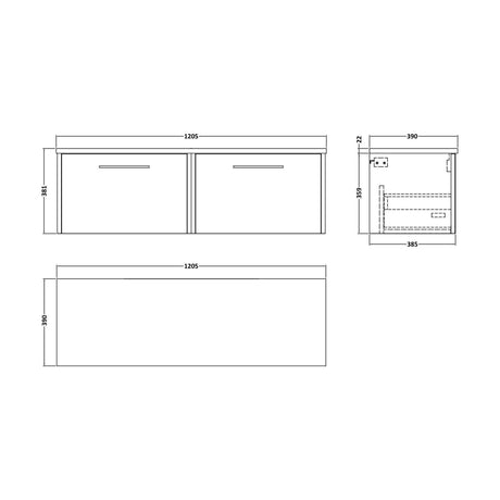 [BFPF2322LCM2] Winshill Contemporary 2 Drawer Wall Hung Vanity Unit with Laminate Worktop, Grey, 1200mm - Technical Drawing