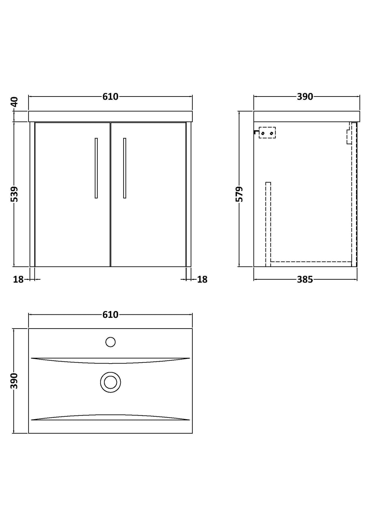 [BFPF2323A] Winshill Contemporary 2 Door Wall Hung Vanity Unit with Mid-Edge Basin - Choice of Size and Colour - Technical Drawing
