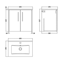 [BFPF2323B] Winshill Contemporary 2 Door Wall Hung Vanity Unit with Minimalist Basin - Choice of Size and Colour - Technical Drawing