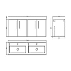 [BFPF2323C] Winshill Contemporary 4 Door 1200mm Wall Hung Vanity Unit with Thin Edge Basin - Choice of Colour - Technical Drawing