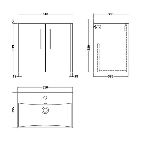 [BFPF2323D] Winshill Contemporary 2 Door Wall Hung Vanity Unit with Thin Edge Basin, Grey, 600mm - Technical Drawing