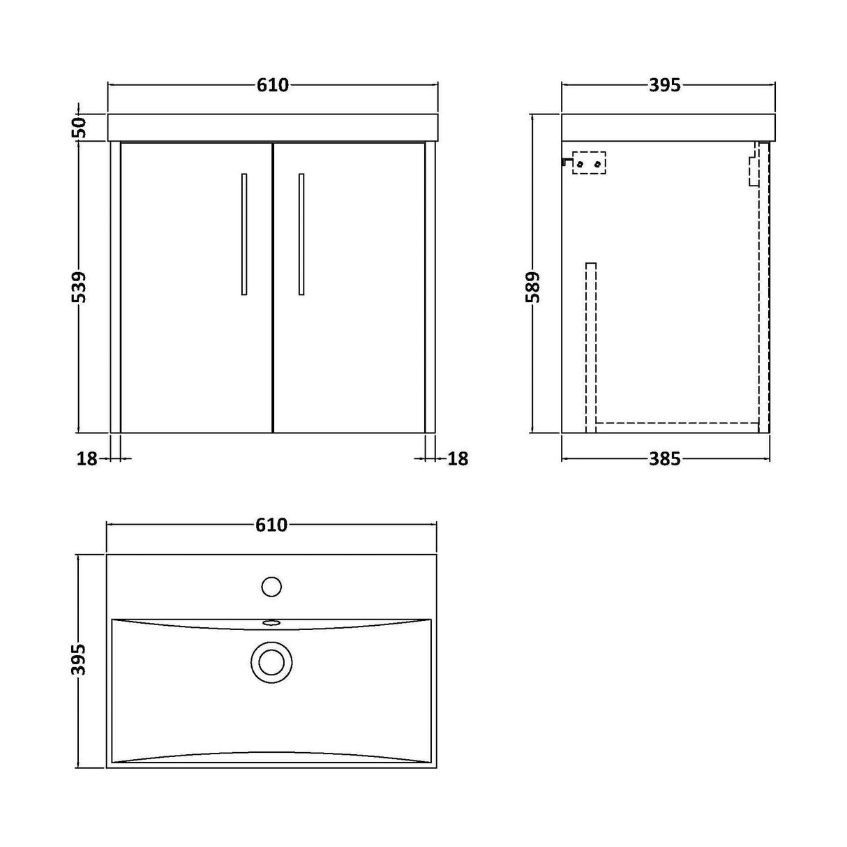 [BFPF2323D] Winshill Contemporary 2 Door Wall Hung Vanity Unit with Thin Edge Basin - Choice of Size and Colour - Technical Drawing