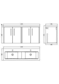 [BFPF2323F] Winshill Contemporary Wall Hung 4 Door Vanity Basin Unit with Ceramic Basin, 1200mm, Choice of Colour - Technical Drawing