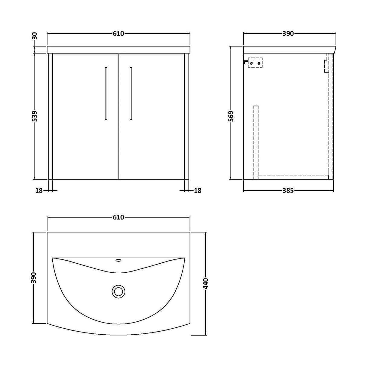 [BFPF2323G] Winshill Contemporary 2 Door Wall Hung Vanity Unit with Curved Basin - Choice of Size and Colour - Technical Drawing