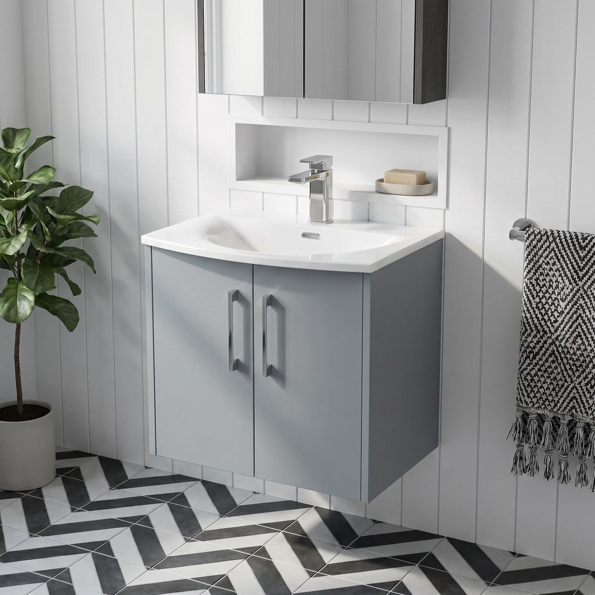 [BFPF2323G] Winshill Contemporary 2 Door Wall Hung Vanity Unit with Curved Basin - Choice of Size and Colour