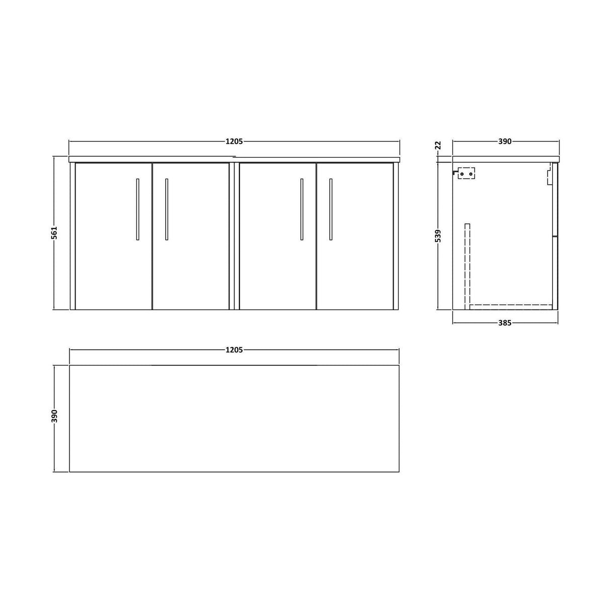 [BFPF2323LBG2] Winshill Contemporary Wall Hung Vanity Unit with Bellato Grey Laminate Worktop - Choice of Colour - Technical Drawing