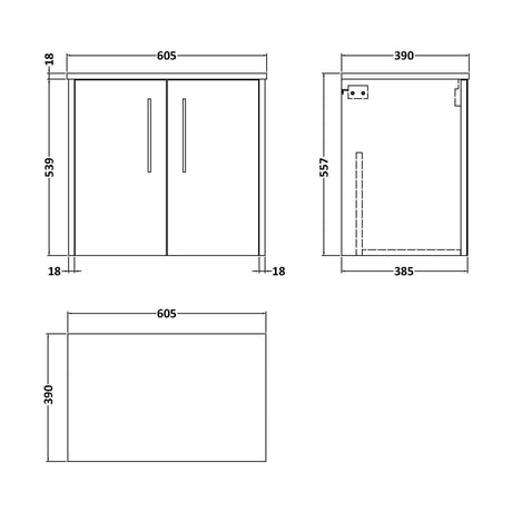 [BFPF2323W] Winshill Contemporary 2 Door Wall Hung Vanity Unit with Worktop, Grey, 600mm - Technical Drawing