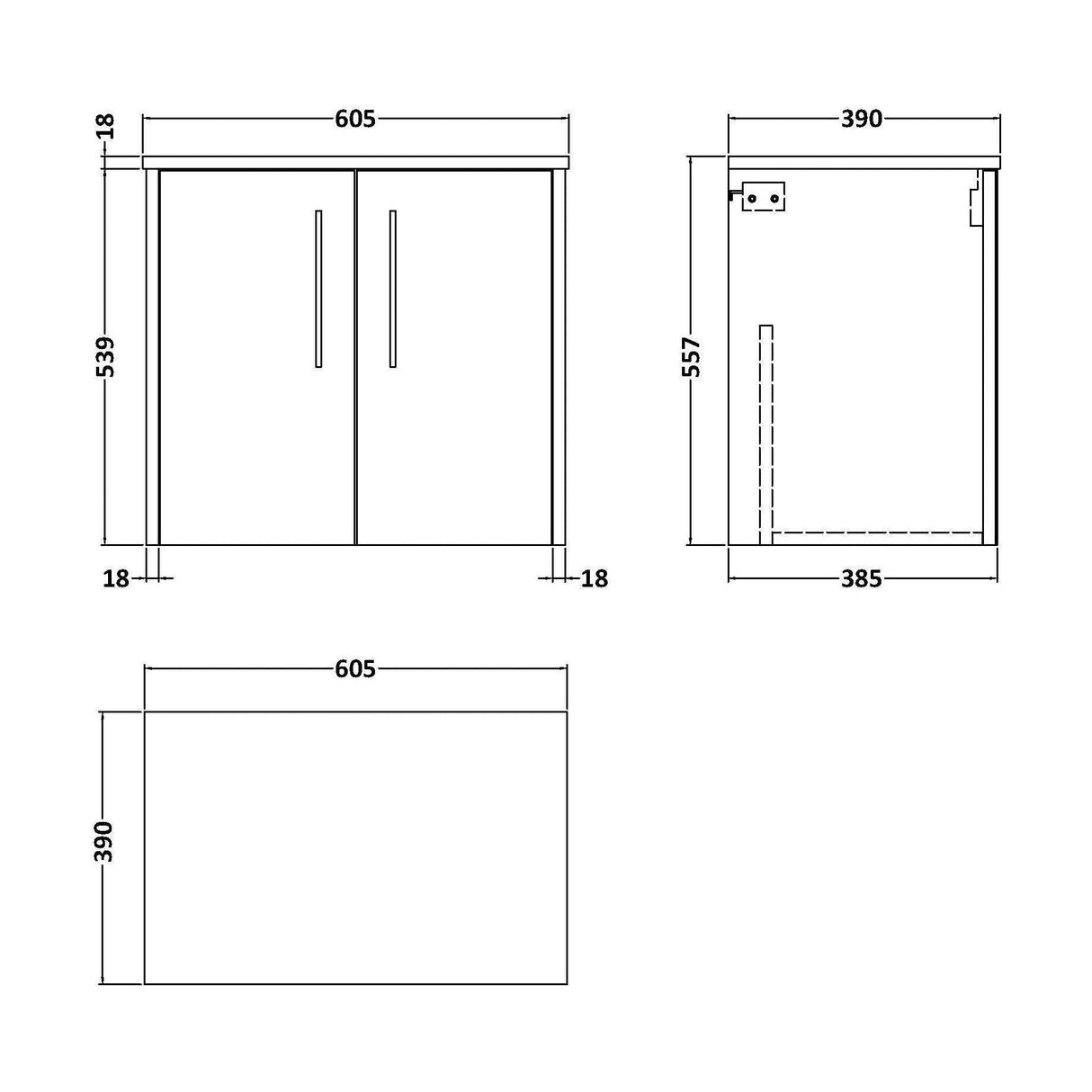[BFPF2323W] Winshill Contemporary 2 Door Wall Hung Vanity Unit with Worktop - Choice of Colour - Technical Drawing