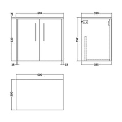 [BFPF2323W] Winshill Contemporary 2 Door Wall Hung Vanity Unit with Worktop - Choice of Colour - Technical Drawing