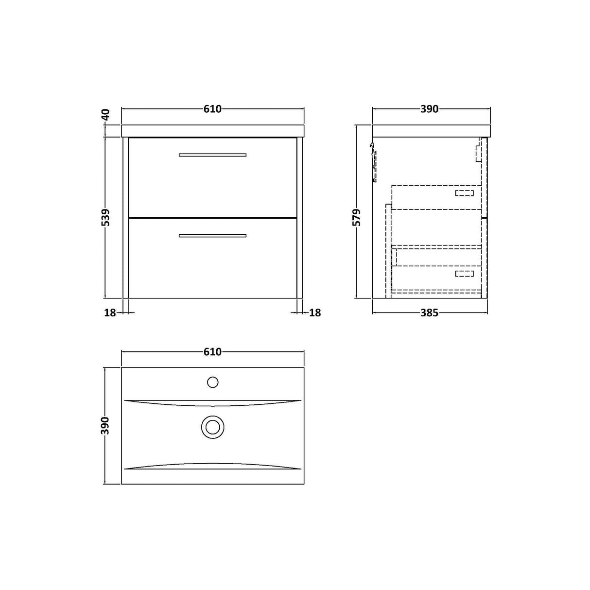 [BFPF2324A] Winshill Contemporary 2 Drawer Wall Hung Vanity Unit with Mid-Edge Basin - Choice of Size and Colour - Technical Drawing