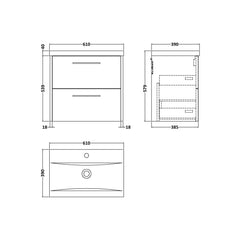 [BFPF2324A] Winshill Contemporary 2 Drawer Wall Hung Vanity Unit with Mid-Edge Basin - Choice of Size and Colour - Technical Drawing