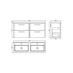 [BFPF2324C] Winshill Contemporary 4 Drawer 1200mm Wall Hung Vanity Unit with Double Basin - Choice of Colour - Technical Drawing