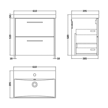 [BFPF2324D] Winshill Contemporary 2 Drawer Wall Hung Vanity Unit with Thin Edge Basin, Grey, 600mm - Technical Drawing