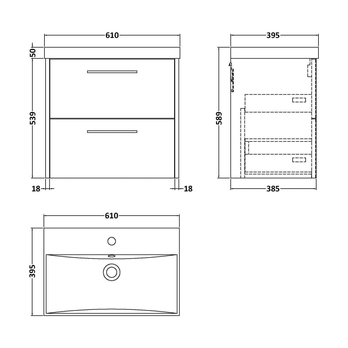[BFPF2324D] Winshill Contemporary 2 Drawer Wall Hung Vanity Unit with Thin Edge Basin - Choice of Size and Colour - Technical Drawing