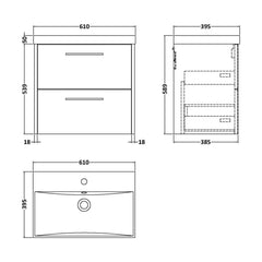 [BFPF2324D] Winshill Contemporary 2 Drawer Wall Hung Vanity Unit with Thin Edge Basin - Choice of Size and Colour - Technical Drawing