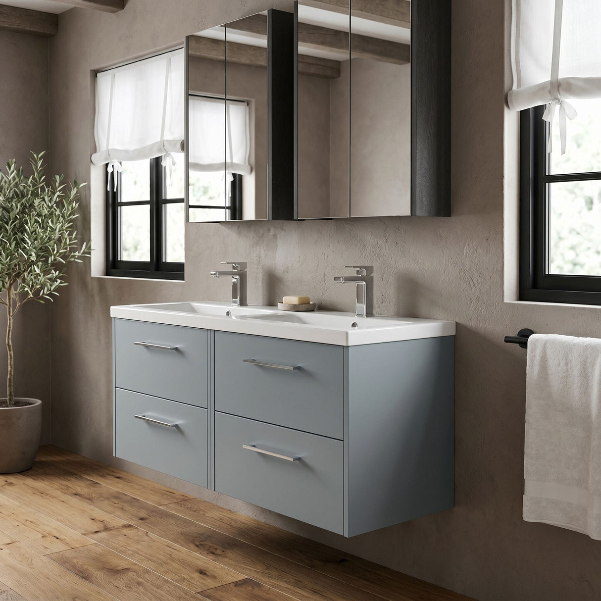 [BFPF2324F] Winshill Contemporary 4 Drawer Wall Hung Vanity Unit with Double Basin, 1200mm, Choice of Colour