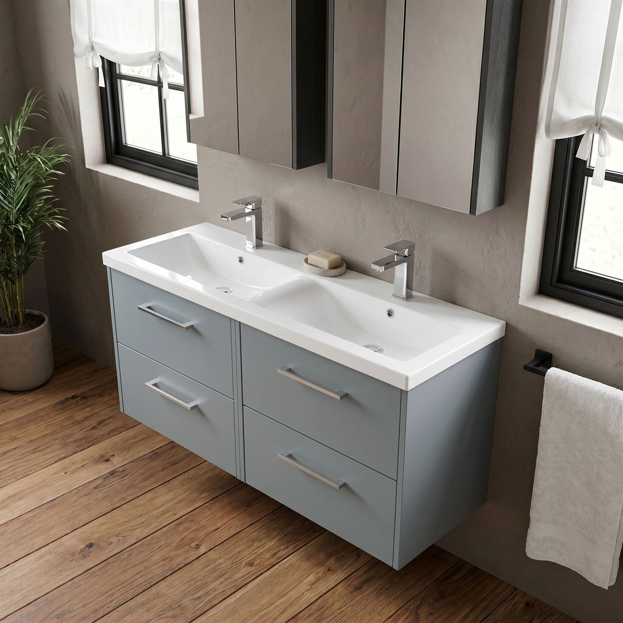 [BFPF2324F] Winshill Contemporary 4 Drawer Wall Hung Vanity Unit with Double Basin, 1200mm, Choice of Colour