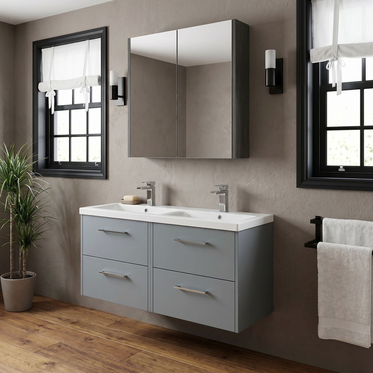 [BFPF2324F] Winshill Contemporary 4 Drawer Wall Hung Vanity Unit with Double Basin, 1200mm, Choice of Colour