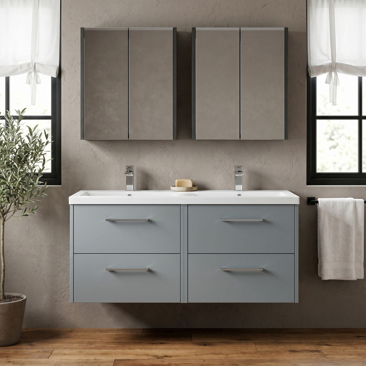 [BFPF2324F] Winshill Contemporary 4 Drawer Wall Hung Vanity Unit with Double Basin, 1200mm, Choice of Colour - Silo