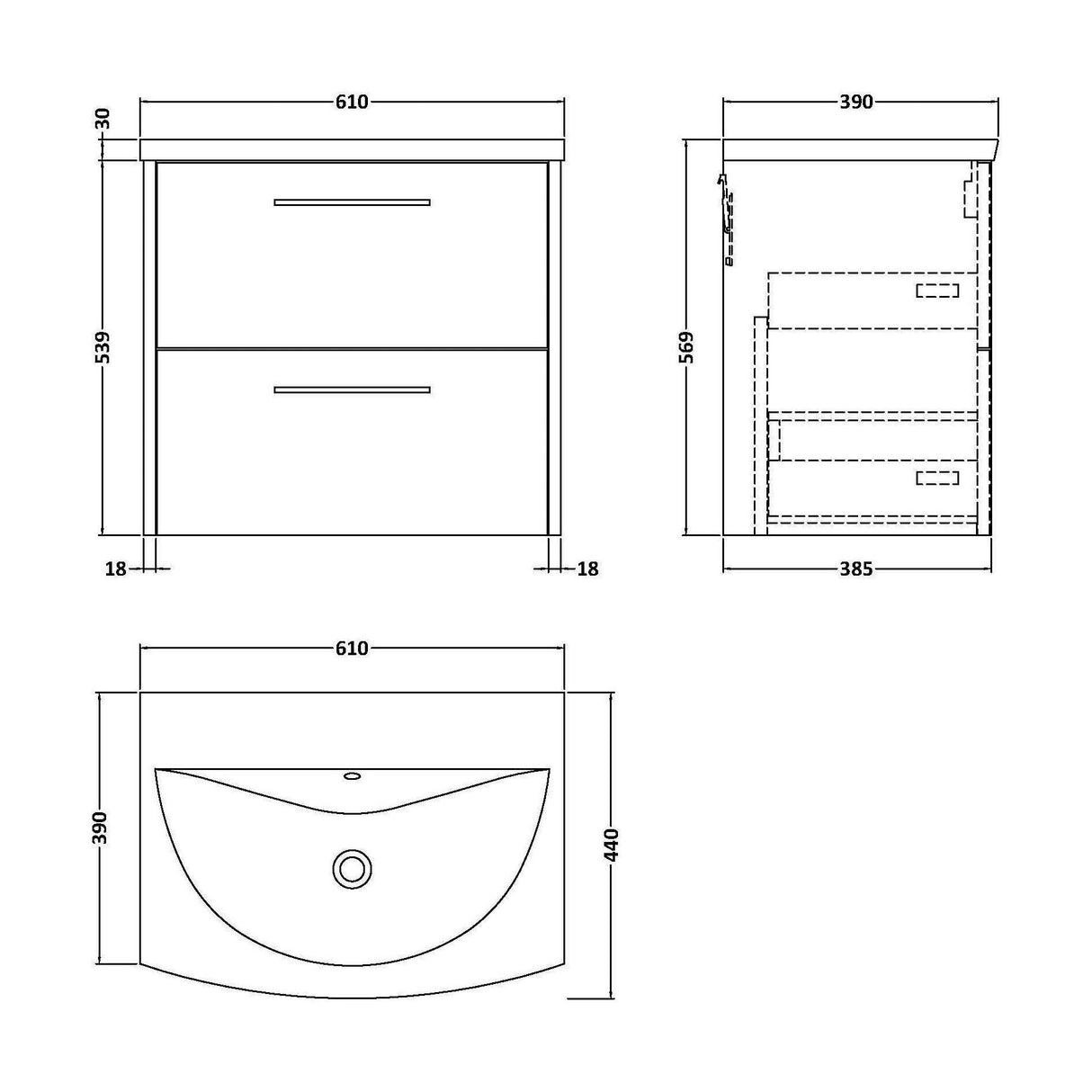 [BFPF2324G] Winshill Contemporary 2 Drawer Wall Hung Vanity Unit with Curved Basin, Choice of Colour - Technical Drawing