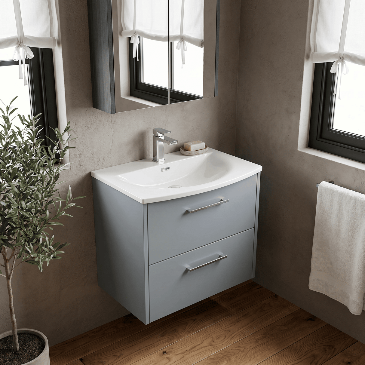 [BFPF2324G] Winshill Contemporary 2 Drawer Wall Hung Vanity Unit with Curved Basin, Choice of Colour