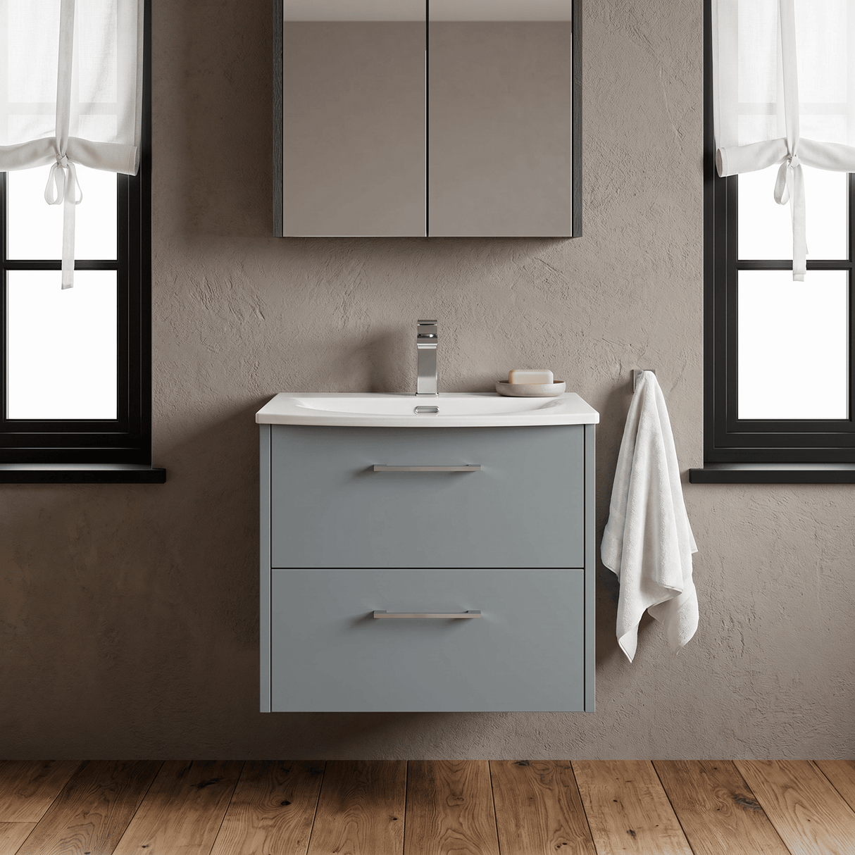 [BFPF2324G] Winshill Contemporary 2 Drawer Wall Hung Vanity Unit with Curved Basin, Choice of Colour - Silo