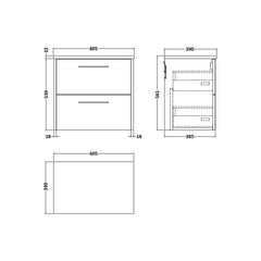 [BFPF2324LBG] Winshill Contemporary 2 Drawer Wall Hung Vanity Unit with Laminate Worktop - Choice of Size and Colour - Technical Drawing