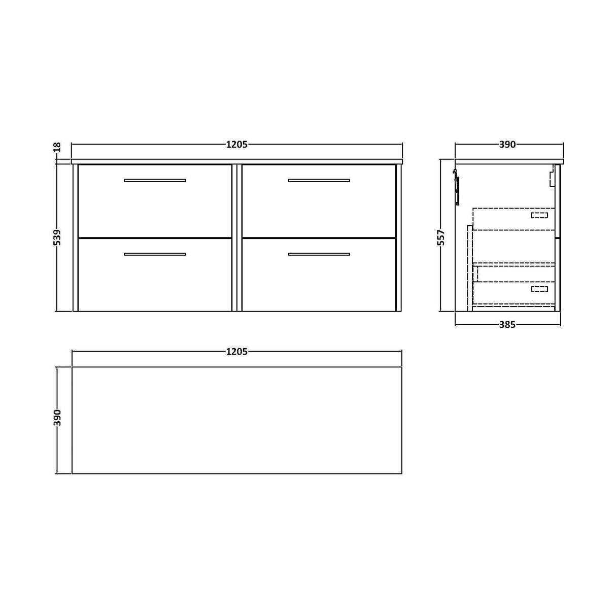 [BFPF2324W2] Winshill Contemporary 4 Drawer 1200mm Wall Hung Vanity Unit with Worktop - Choice of Colour - Technical Drawing