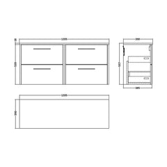[BFPF2324W2] Winshill Contemporary 4 Drawer 1200mm Wall Hung Vanity Unit with Worktop - Choice of Colour - Technical Drawing