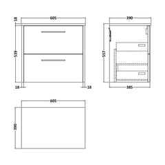 [BFPF2324W] Winshill Contemporary 2 Drawer Wall Hung Vanity Unit with Worktop - Choice of Size and Colour - Technical Drawing