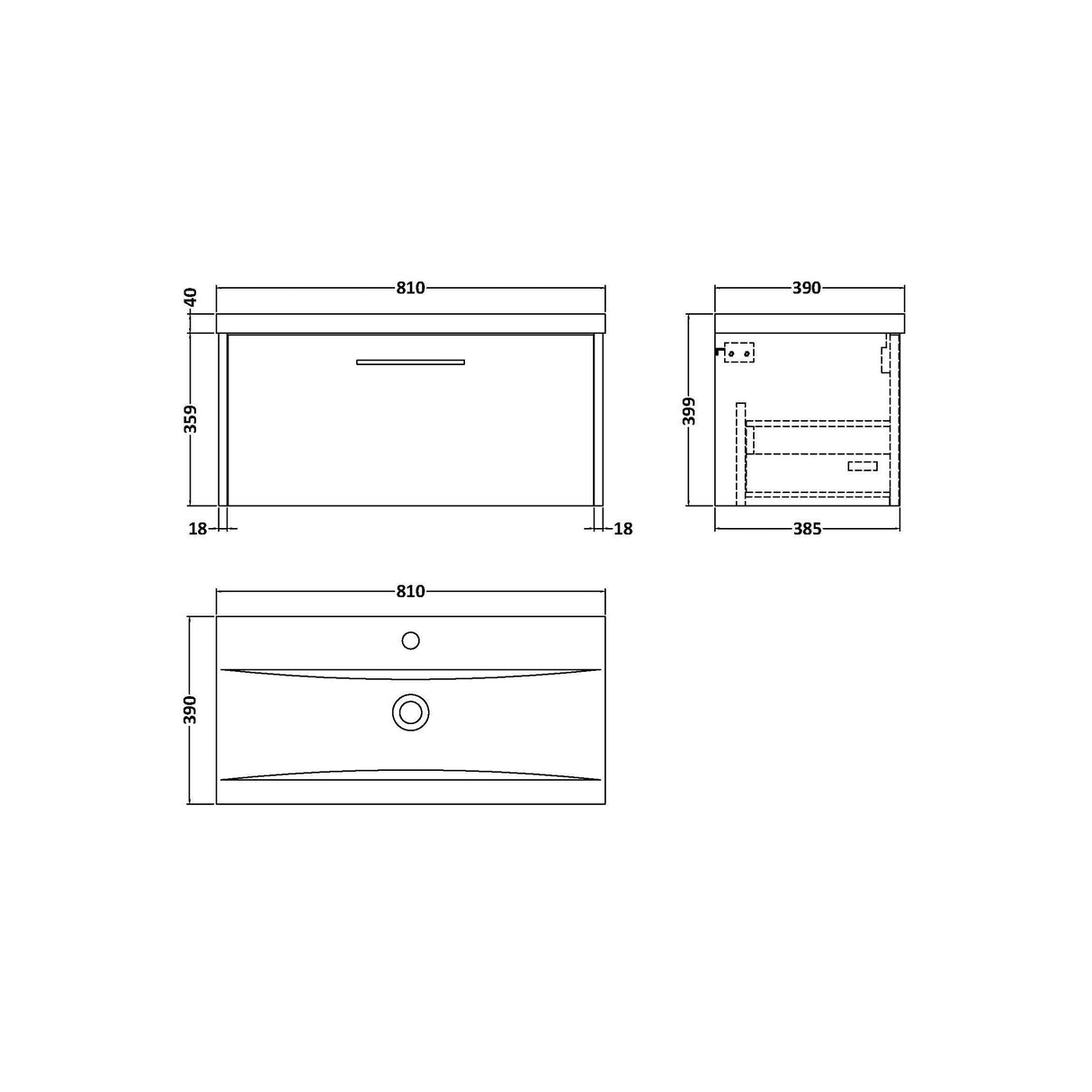 [BFPF2325A] Winshill Contemporary 1 Drawer Wall Hung Vanity Unit with Mid-Edge Basin - Choice of Size and Colour - Technical Drawing