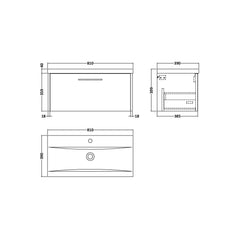 [BFPF2325A] Winshill Contemporary 1 Drawer Wall Hung Vanity Unit with Mid-Edge Basin - Choice of Size and Colour - Technical Drawing