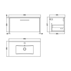 [BFPF2325B] Winshill Wall Hung 1 Drawer Vanity Unit with 1 Tap Hole Minimalist Basin, Choice of Size and Colour - Technical Drawing