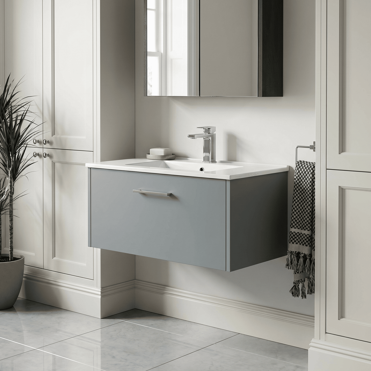 [BFPF2325B] Winshill Wall Hung 1 Drawer Vanity Unit with 1 Tap Hole Minimalist Basin, Choice of Size and Colour