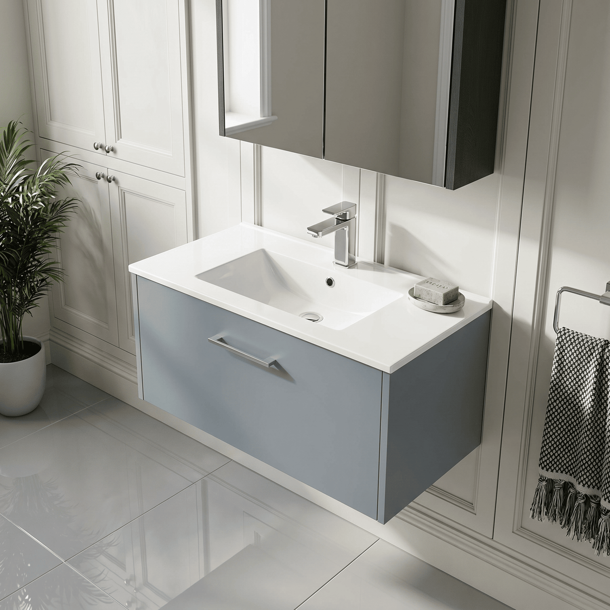 [BFPF2325B] Winshill Wall Hung 1 Drawer Vanity Unit with 1 Tap Hole Minimalist Basin, Choice of Size and Colour