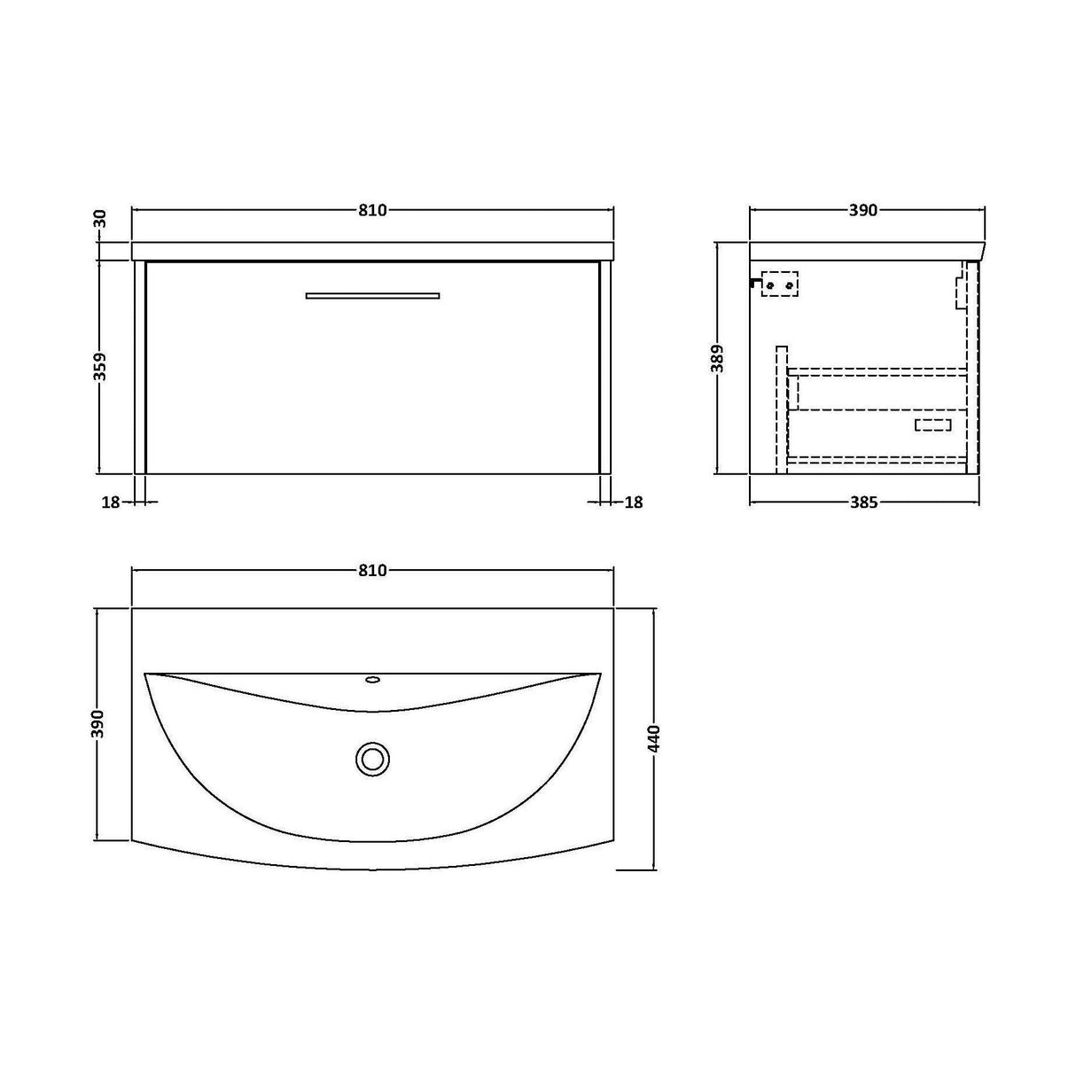 [BFPF2325G] Winshill Contemporary 1 Drawer Wall Hung Vanity Unit with Curved Basin, Choice of Size and Colour - Technical Drawing