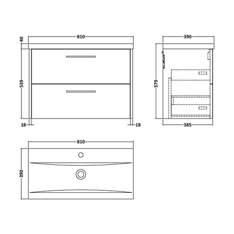 [BFPF2326A] Winshill Contemporary 2 Drawer Wall Hung Vanity Unit with Mid-Edge Basin, Grey, 800mm - Technical Drawing