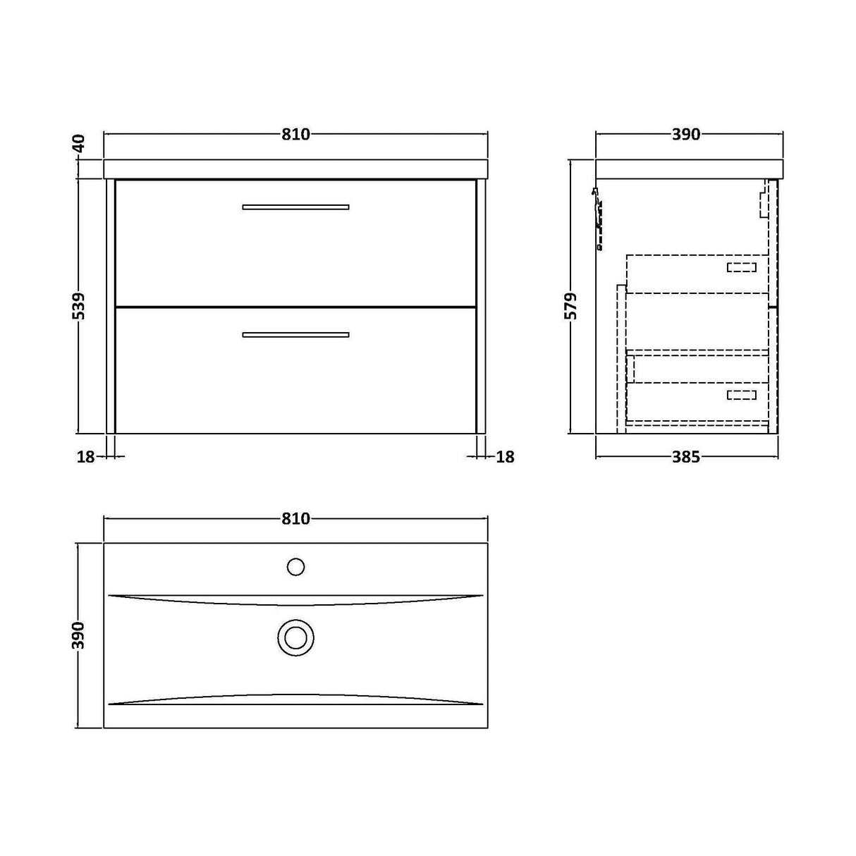 [BFPF2326A] Winshill Contemporary 2 Drawer Wall Hung Vanity Unit with Mid-Edge Basin - Choice of Size and Colour - Technical Drawing