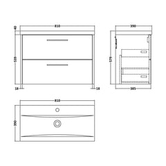 [BFPF2326A] Winshill Contemporary 2 Drawer Wall Hung Vanity Unit with Mid-Edge Basin - Choice of Size and Colour - Technical Drawing