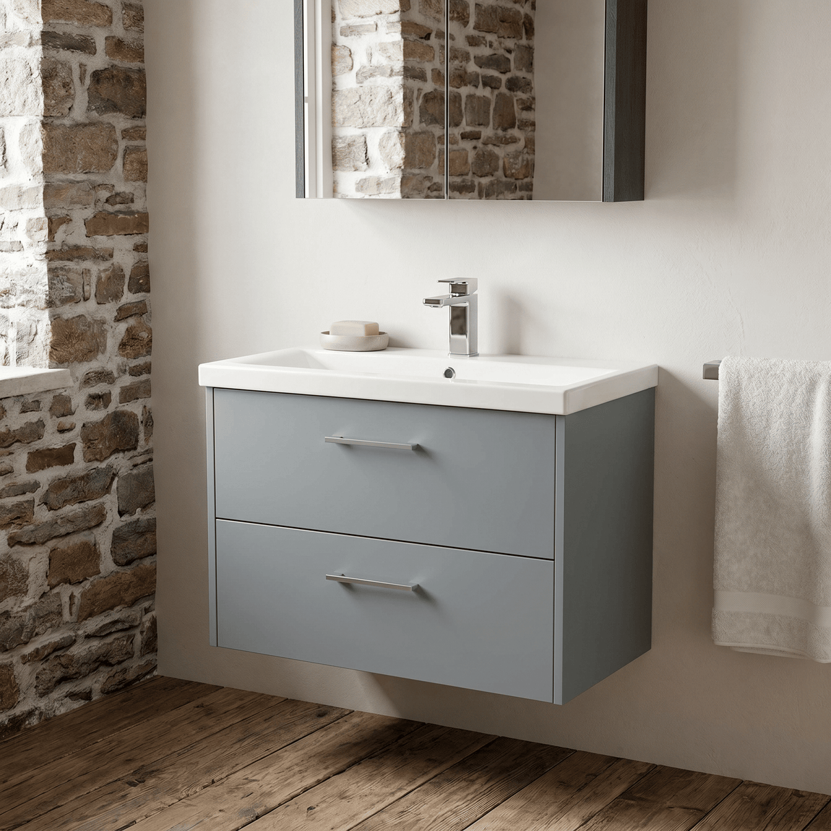 [BFPF2326A] Winshill Contemporary 2 Drawer Wall Hung Vanity Unit with Mid-Edge Basin - Choice of Size and Colour