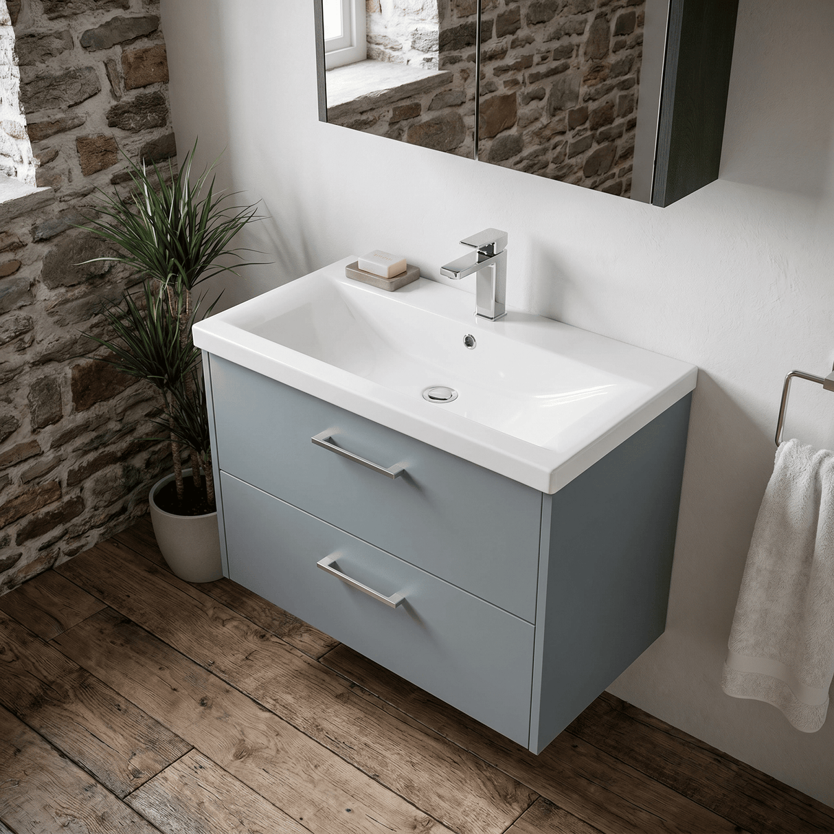 [BFPF2326A] Winshill Contemporary 2 Drawer Wall Hung Vanity Unit with Mid-Edge Basin - Choice of Size and Colour