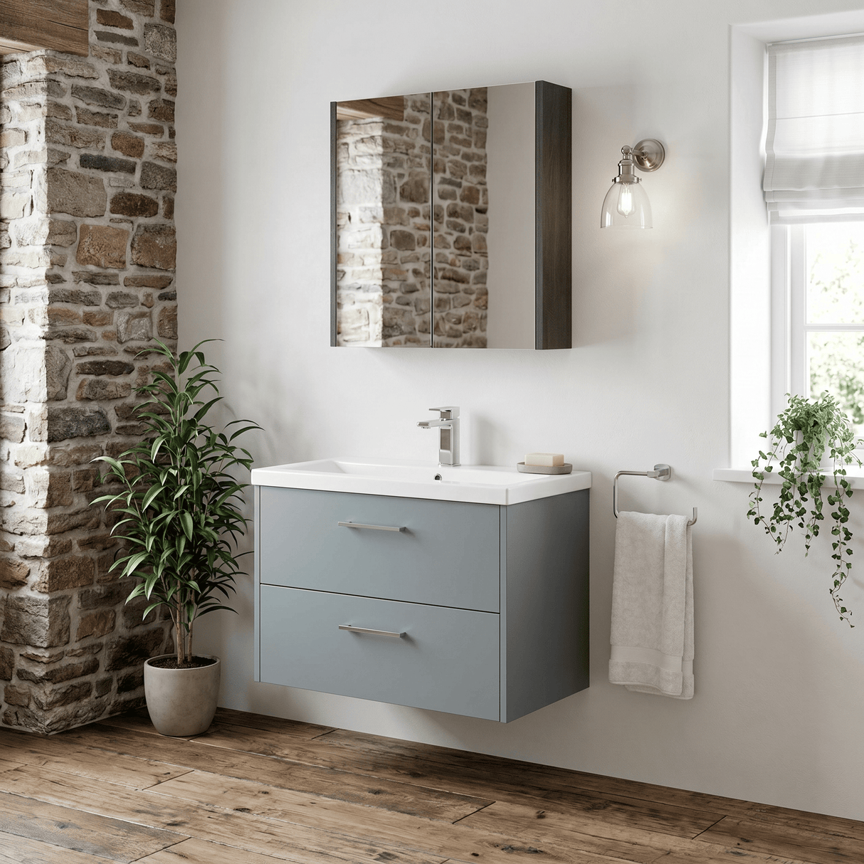 [BFPF2326A] Winshill Contemporary 2 Drawer Wall Hung Vanity Unit with Mid-Edge Basin - Choice of Size and Colour